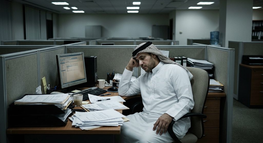 A depleted employee at a cluttered cubicle desk
