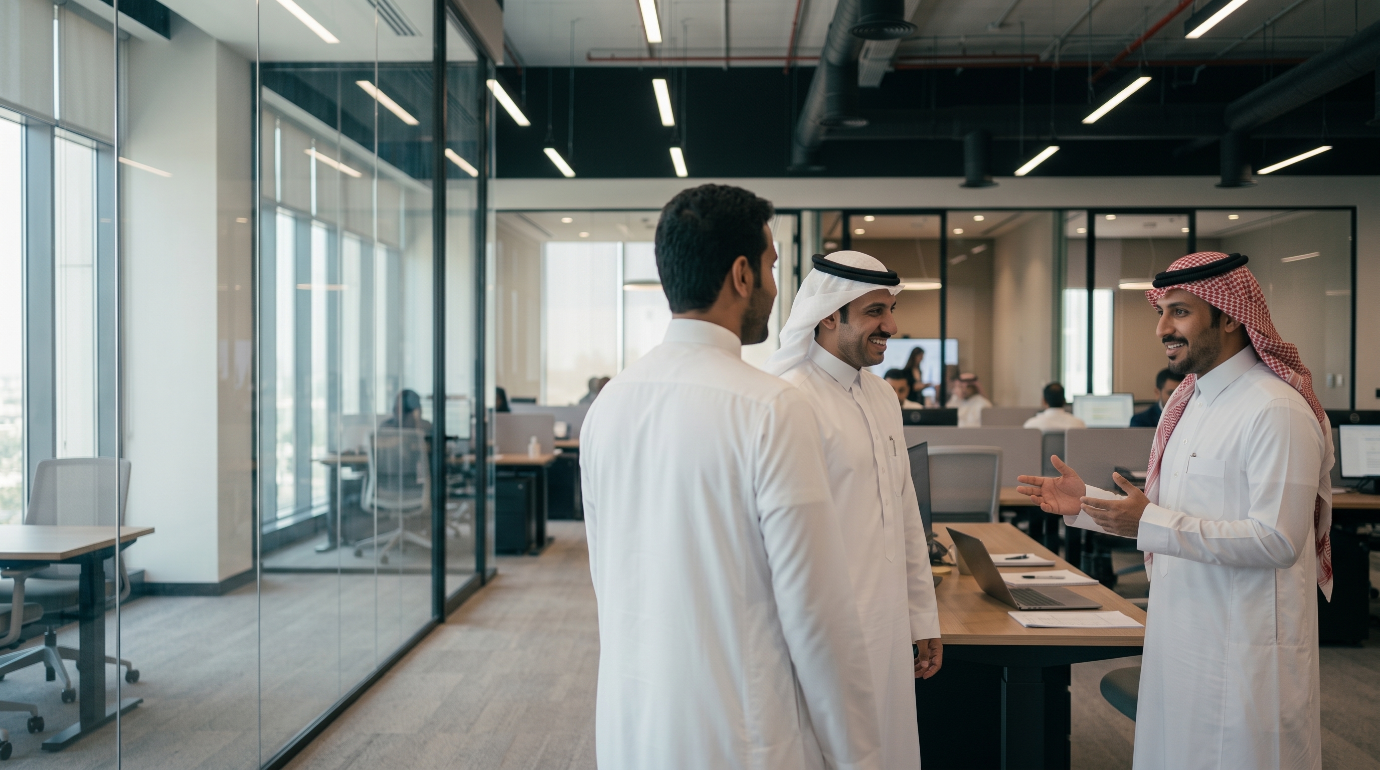 Leaders in conversation in a bright modern office