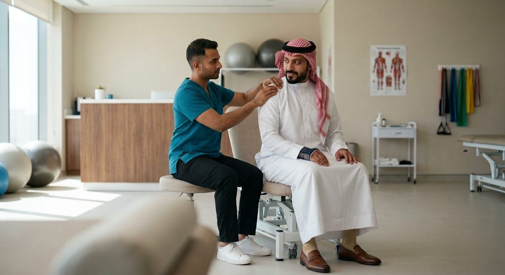 A clinician assessing an employee in a modern on-site recovery clinic