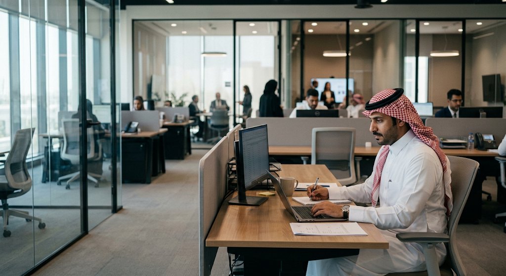 A professional working with focus at a modern open-plan office